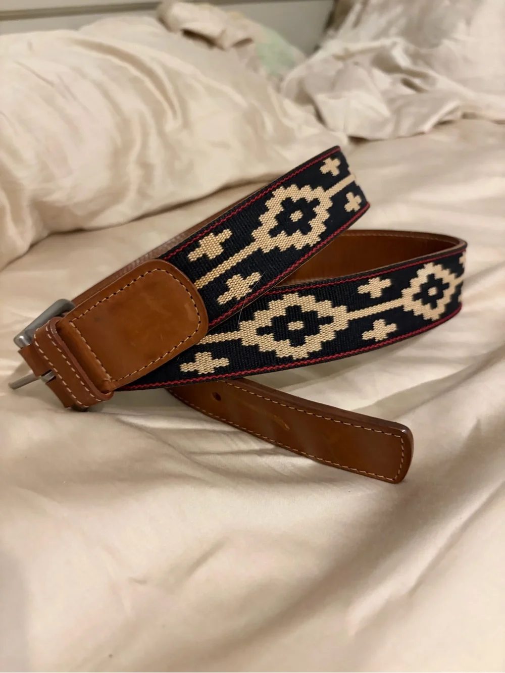 La Matera - Cazador Polo Leather Belt in Tan Size 40 Geometric Blue and White
